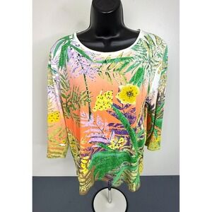 Erin London Women's Size Large Tropical Floral Print 3/4 Sleeve Cotton Top Multi